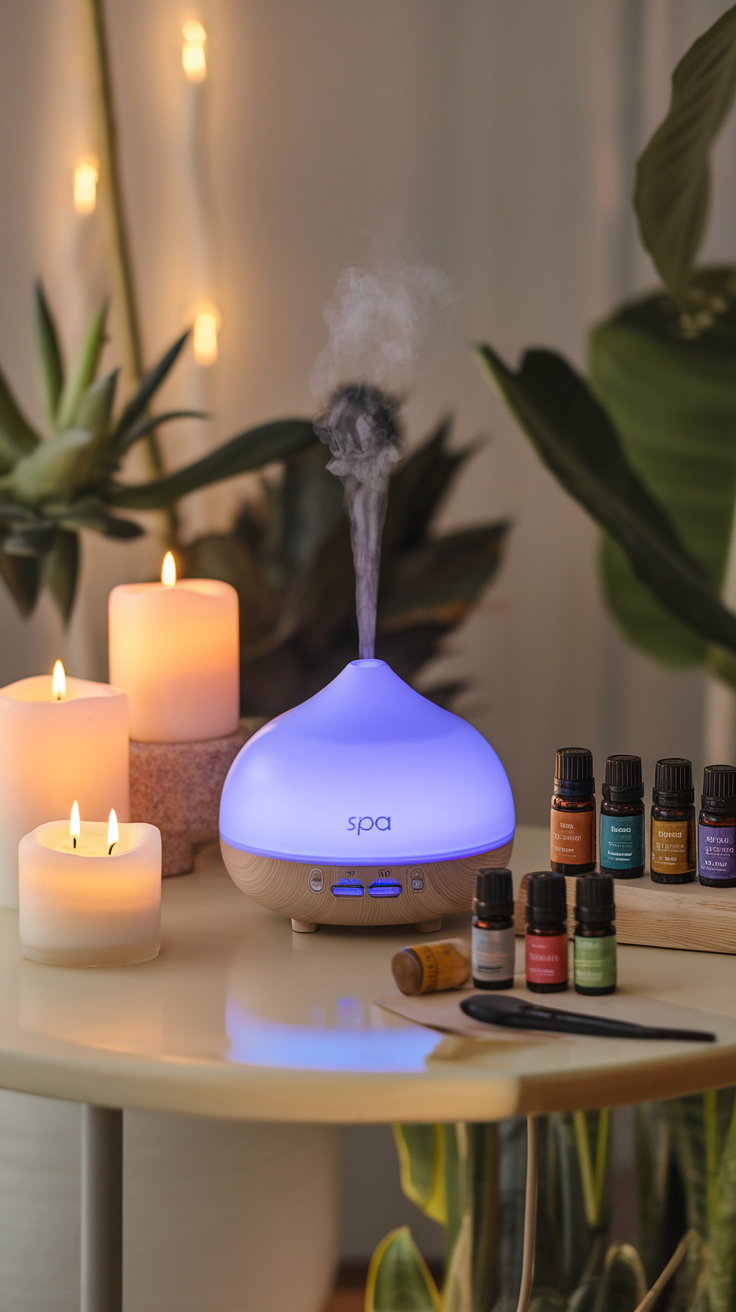 A diffuser emitting mist surrounded by candles and essential oil bottles, creating a calming spa atmosphere.