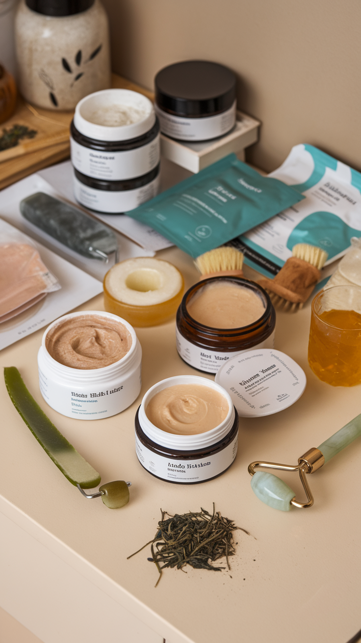 Image of various face masks and skincare products arranged on a table, including jars and tools for a home spa experience.