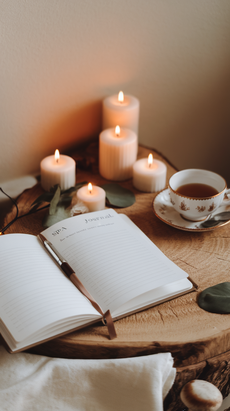 An open spa journal with a pen, surrounded by candles and a cup of tea on a wooden table.