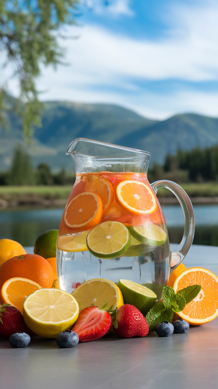 A pitcher of fruit-infused water with oranges, lemons, strawberries, and blueberries, set against a serene lake backdrop.