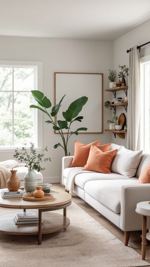 A cozy living room featuring a ginger sofa, wooden coffee table, and indoor plants.