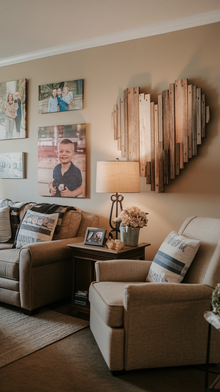 Cozy living room with family photos and wooden heart art.