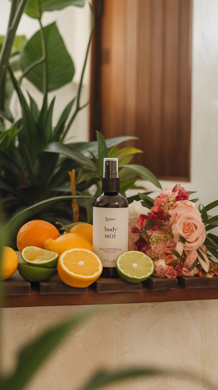 A bottle of body mist surrounded by fresh citrus fruits and flowers