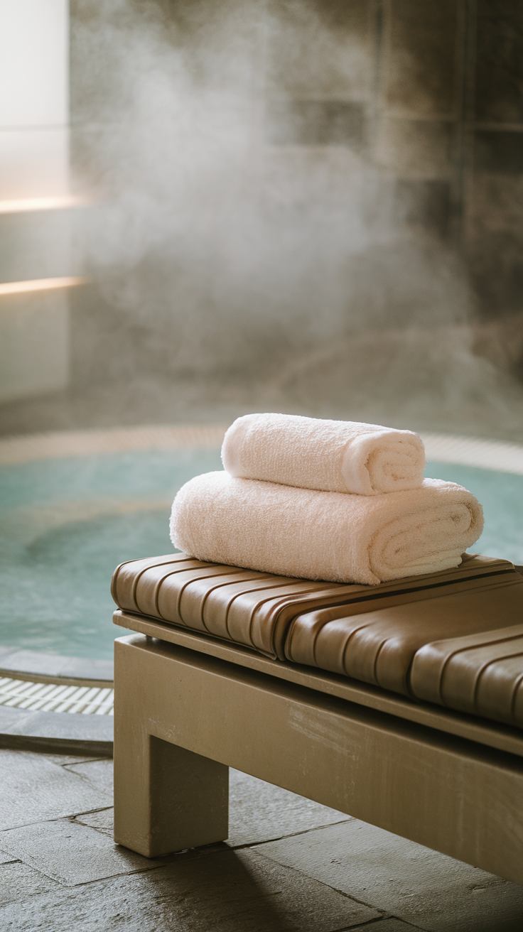 Warm towels stacked on a bench near a steamy spa setting