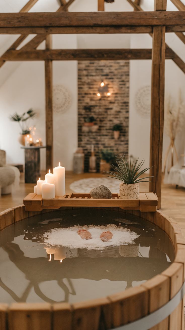 A cozy foot soak setup with Epsom salt, candles, and a wooden tub, creating a serene spa atmosphere.