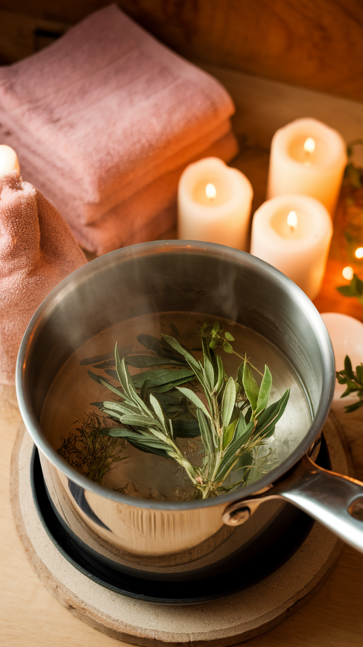 A pot of steaming water with herbs surrounded by towels and candles, perfect for a DIY facial steamer.