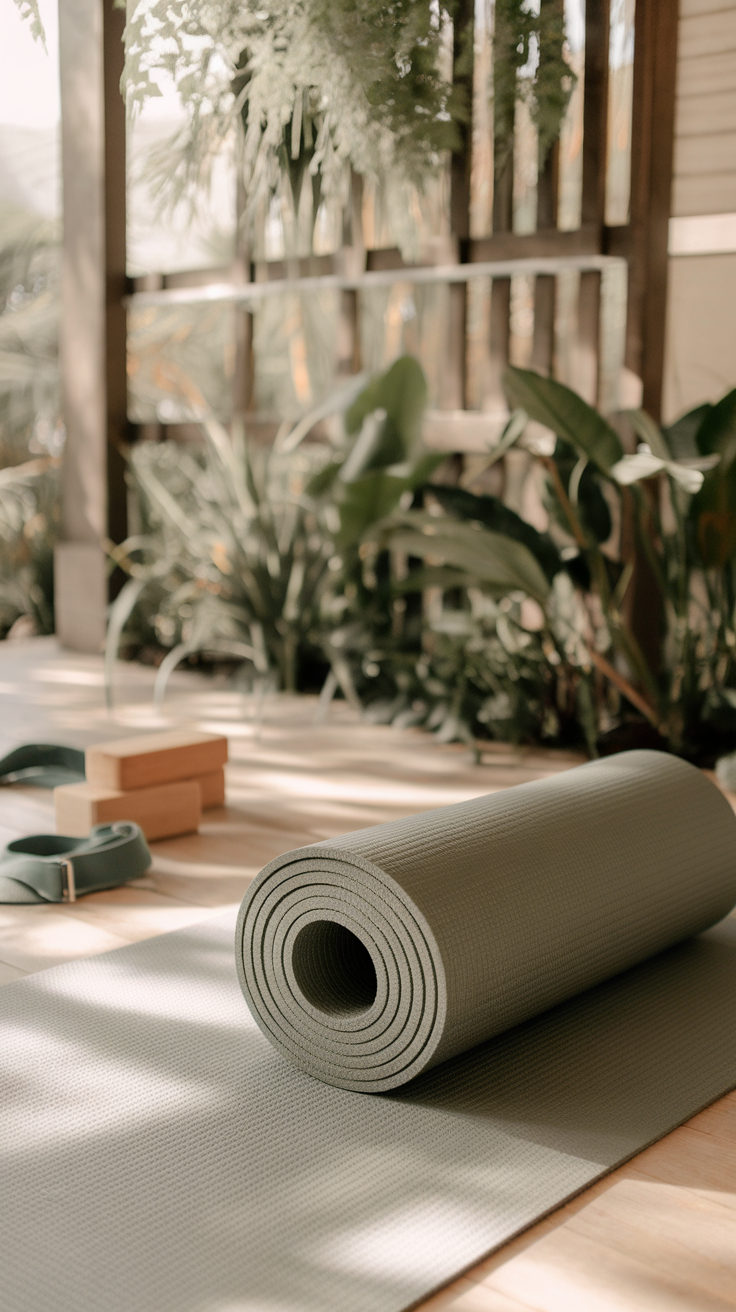 A rolled yoga mat on a wooden floor surrounded by plants, set in a serene environment