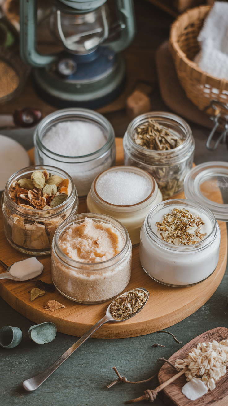 Various jars filled with natural ingredients for DIY body scrubs, set on a wooden board.