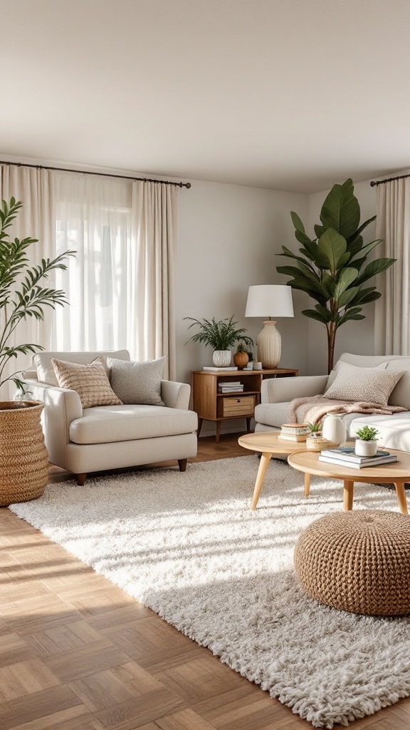 A cozy living room featuring a Tan Ginger Modern Boho Rug, plants, and neutral decor.