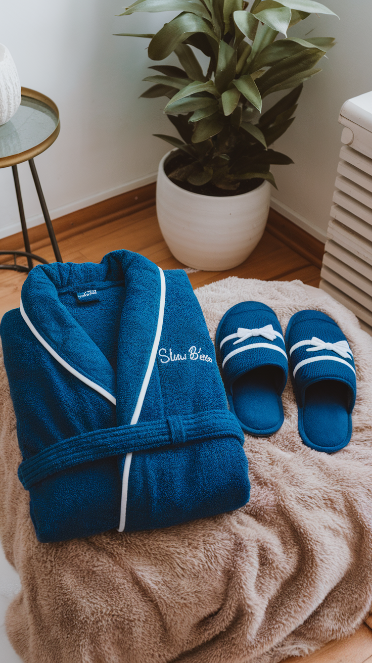 A navy blue soft bathrobe and matching slippers on a cozy blanket with a plant in the background.