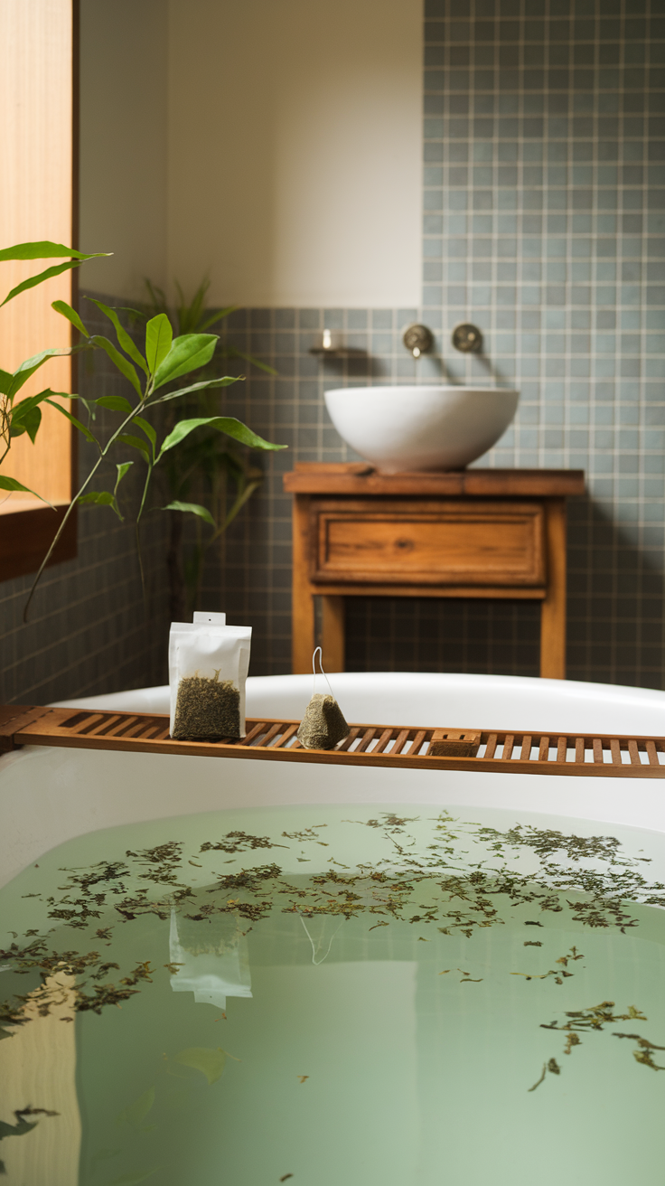 A serene bath setup with green tea packages floating in calm water, surrounded by natural elements.