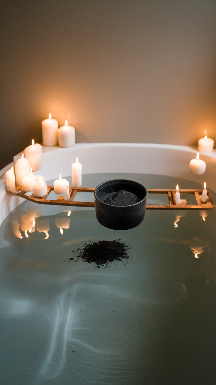 A serene detoxifying charcoal bath setup with candles and charcoal powder on a bamboo tray.