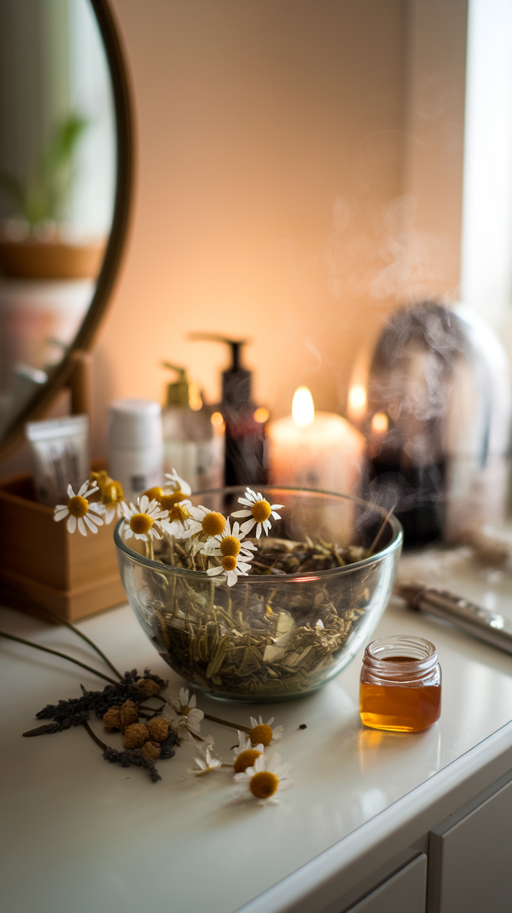 A serene setup for a chamomile and honey facial steam with flowers and honey on a bathroom counter.