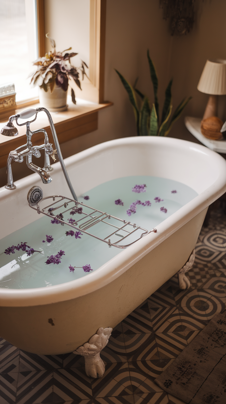 A charming bathtub filled with lavender petals, featuring a metal tray for bath items, bathed in soft natural light.