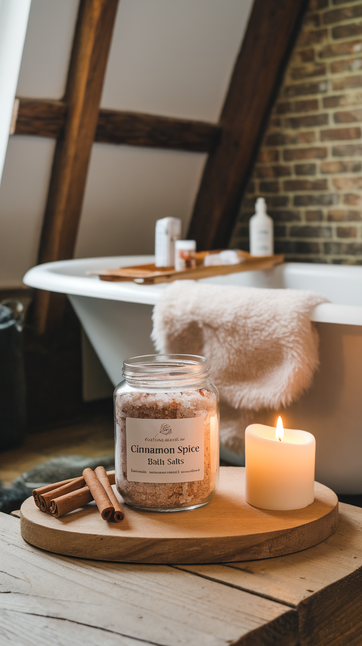 A cozy bathroom scene featuring Cinnamon Spice Bath Salts on a marble tray, a candle, and a bathtub in the background.