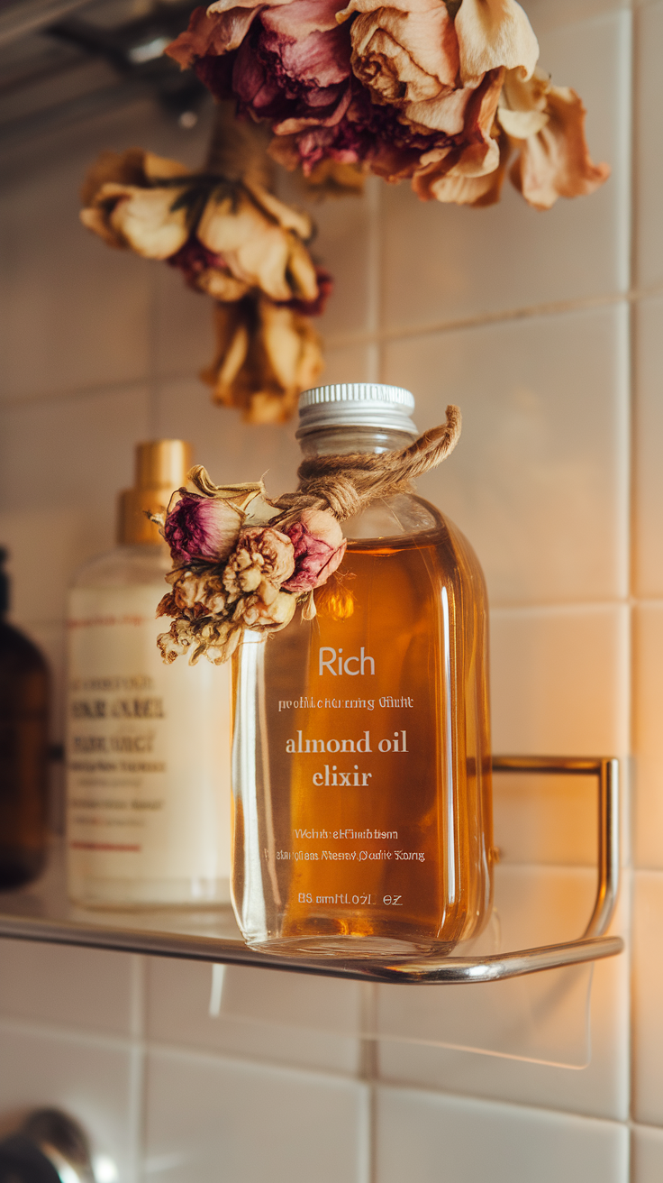 A bottle of almond oil elixir with dried flowers in a bathroom setting