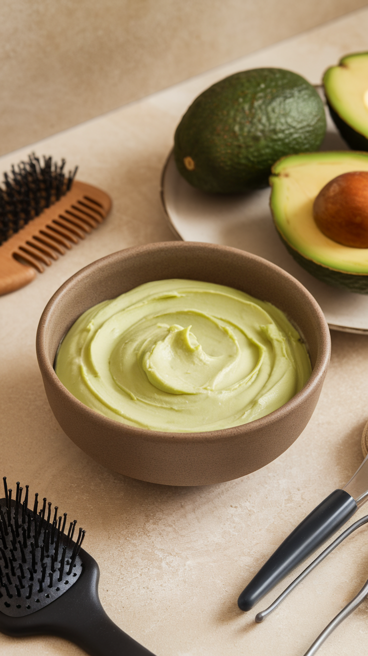 A bowl of creamy avocado hair mask with fresh avocados and hair tools on a countertop