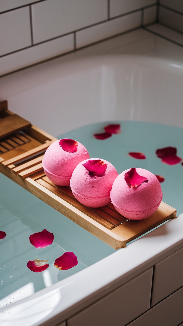 Three pink rose petal bath bombs on a bamboo tray above a bathtub filled with water and rose petals