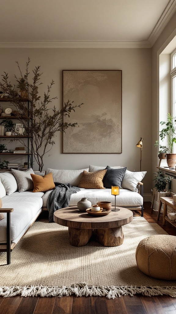 Stylish living room with earthy decor elements including a light-colored sofa, wooden coffee table, and a Tan Ginger Modern Boho Rug.