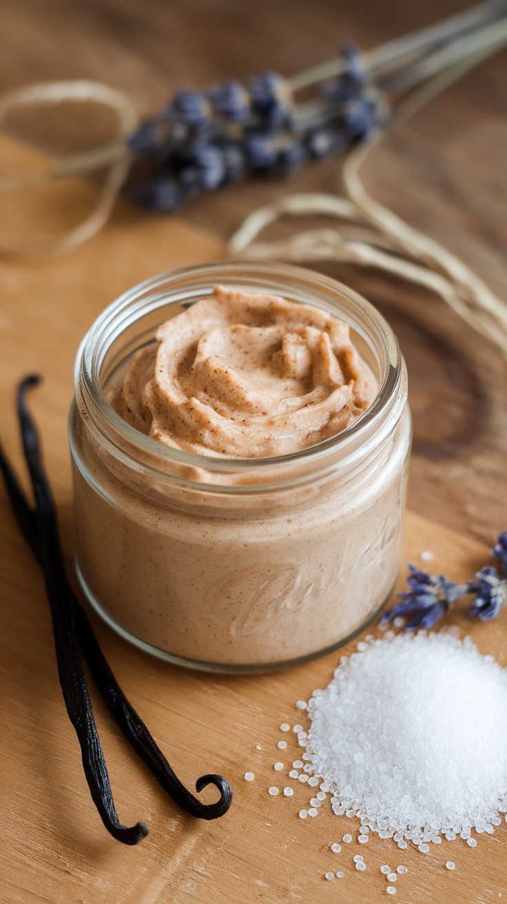 A jar of vanilla sugar scrub surrounded by vanilla beans and sugar, with lavender flowers in the background.