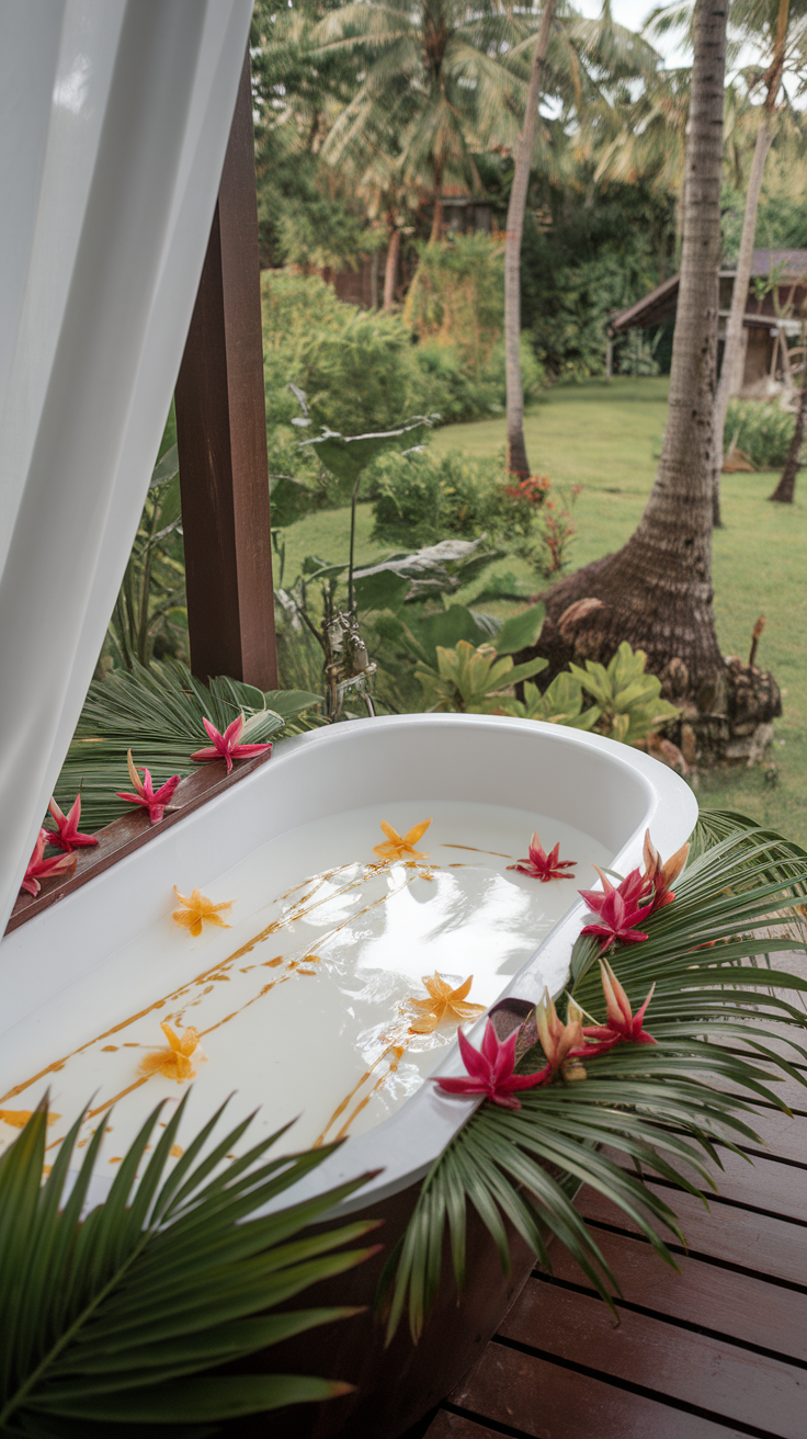 A beautifully decorated bathtub with coconut milk and flowers, set in a lush garden setting.