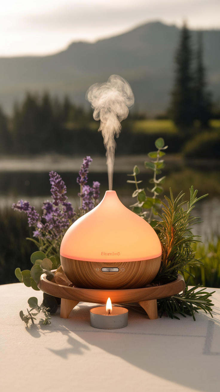 A calming essential oil diffuser emitting steam, surrounded by herbs and a candle.