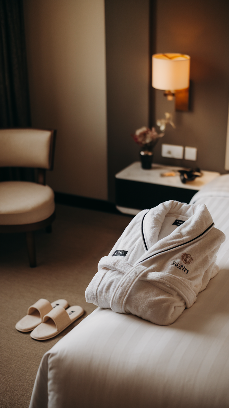 A neatly folded silky bathrobe and slippers on a bed in a cozy room.