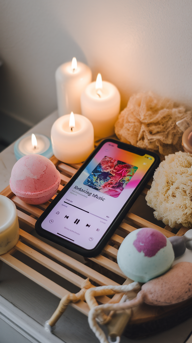 A phone displaying a relaxing music playlist surrounded by candles and bath products for a soothing spa night setup.