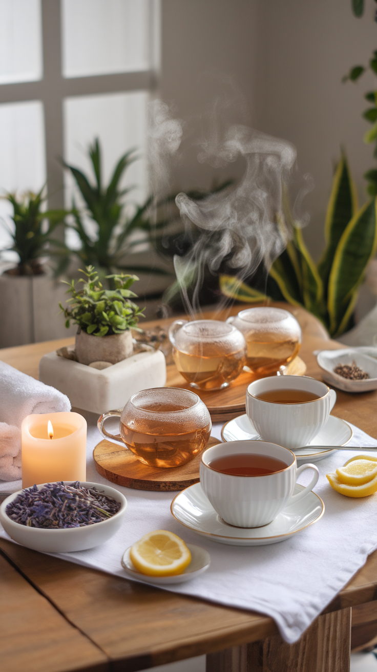 A cozy setup with steaming cups of herbal tea, lavender, lemon slices, and a lit candle, perfect for a soothing at-home spa experience.