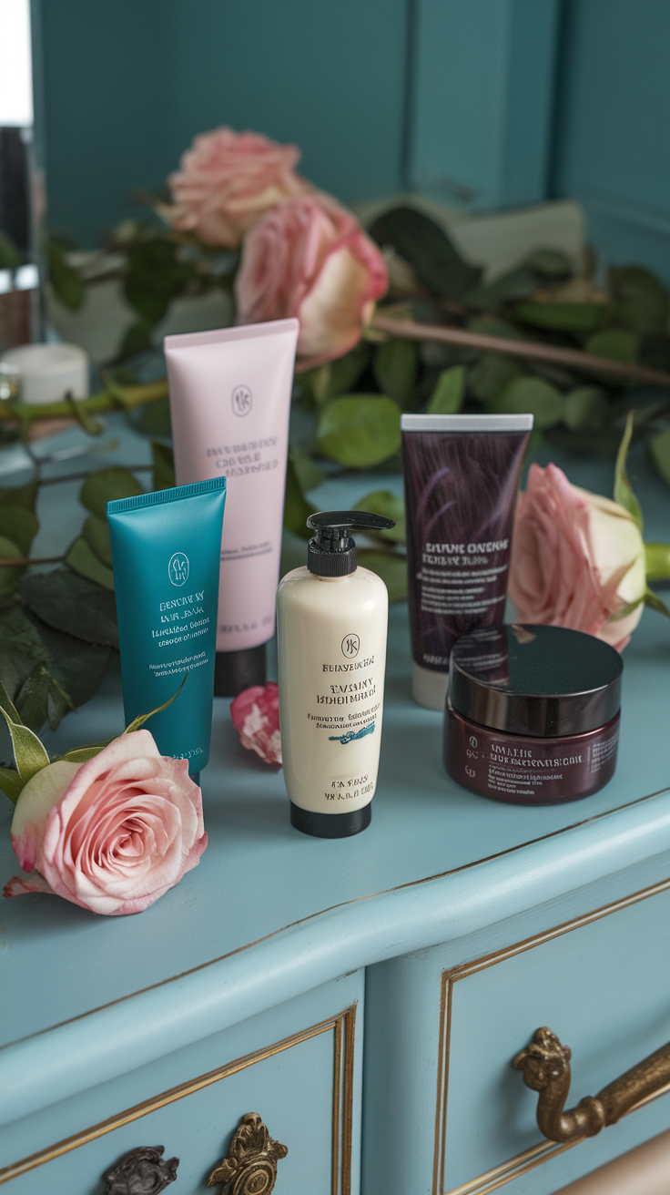 A collection of nourishing hand creams displayed on a blue dresser with roses.