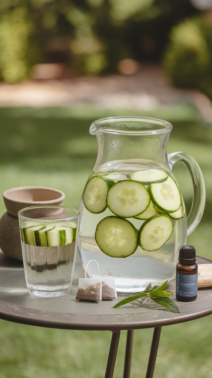 A refreshing setup with cucumber water, body scrub, and body cream on a table.