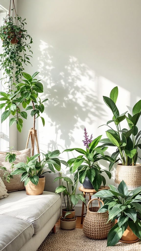 Indoor plants in a sunlit living room with a neutral sofa and decorative accessories.