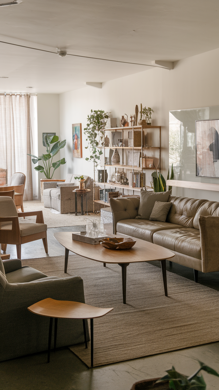 A cozy and stylish living room with warm colors and modern decor.