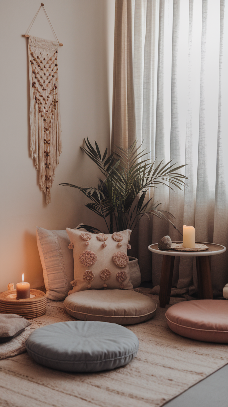 A cozy meditation space with cushions, candles, and a plant, designed for relaxation.