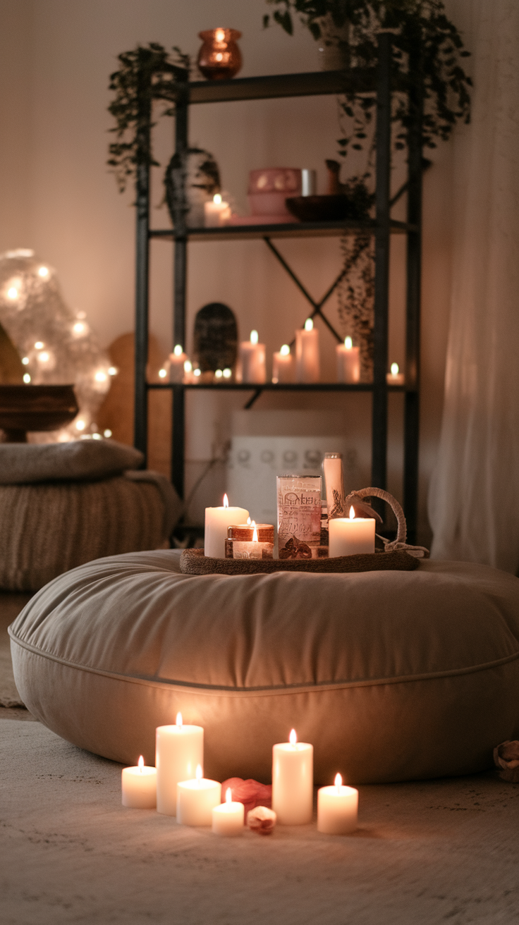 A cozy setup with various scented candles on a pouf and a shelf, creating a warm and inviting atmosphere.