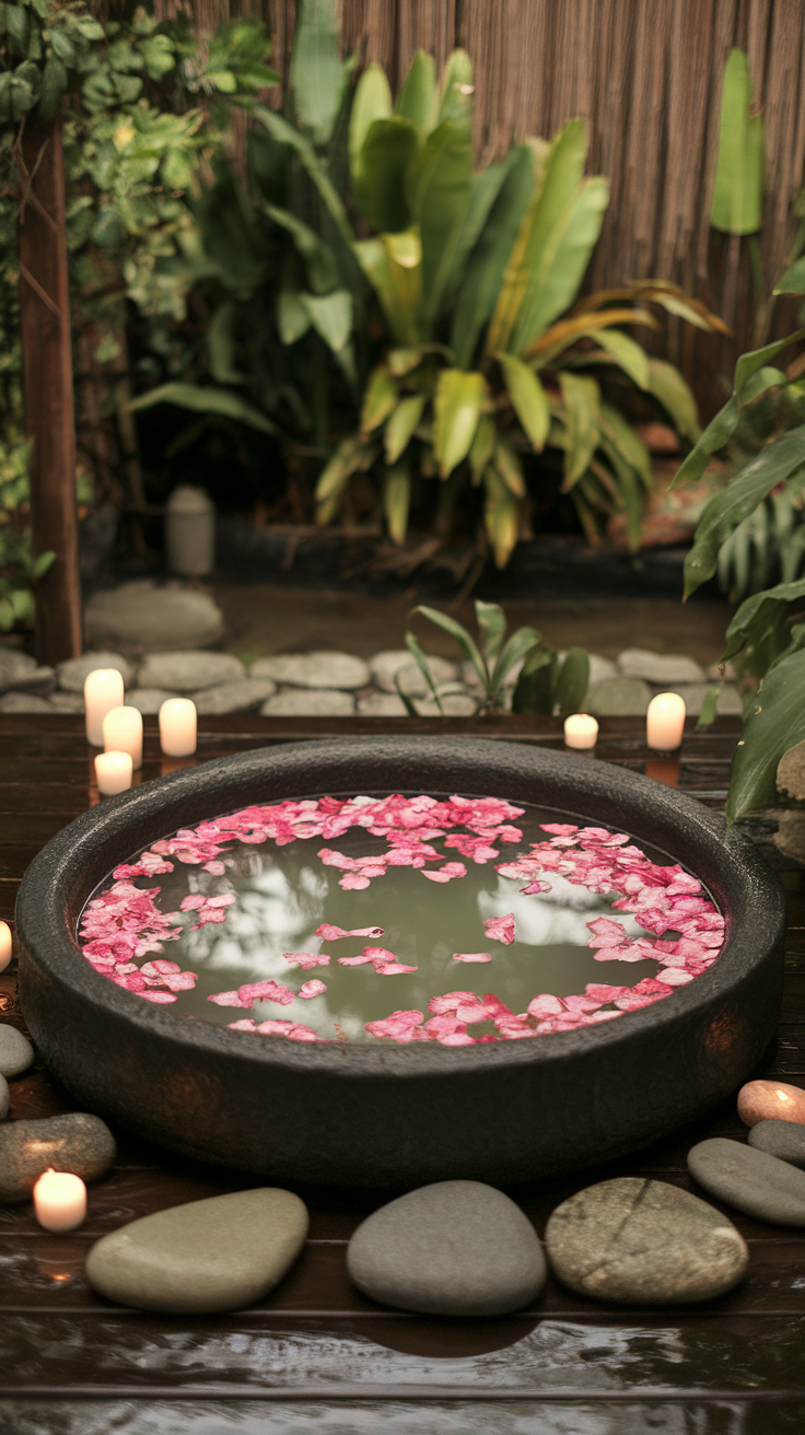 A serene foot bath setup with a bowl of water filled with pink petals, surrounded by stones and candles.