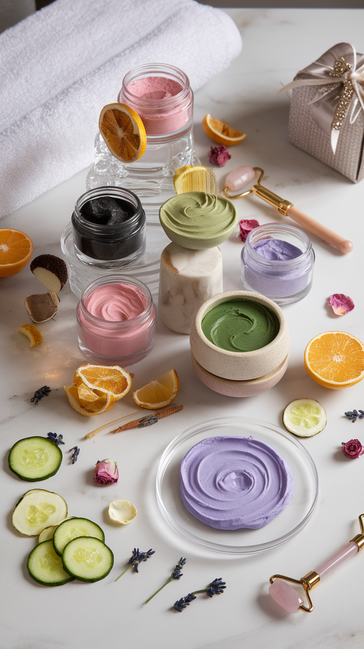 A variety of face masks displayed on a wooden tray, surrounded by spa essentials like candles and plants.