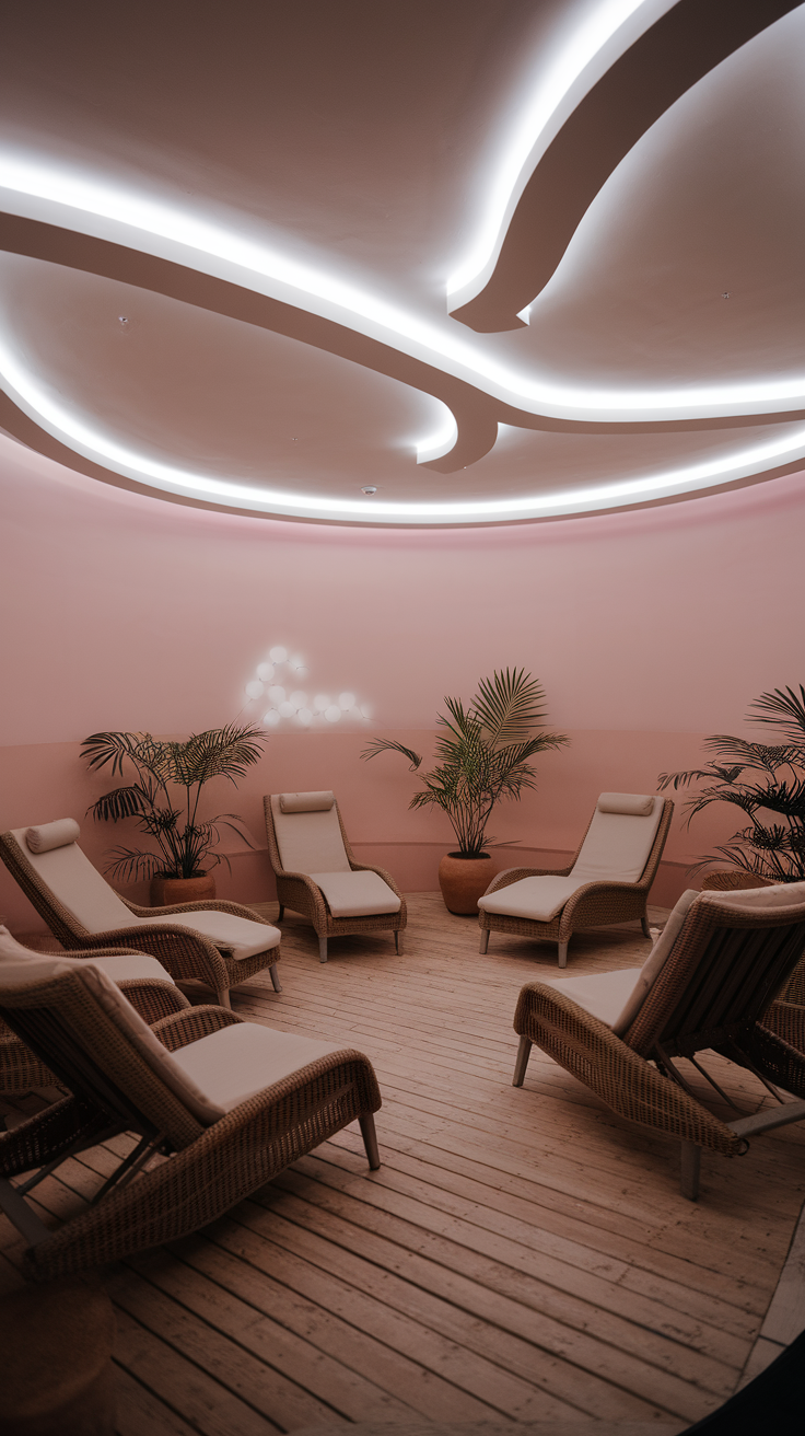 A calming therapy room with soft pink walls, lounge chairs, and plants, designed for relaxation.