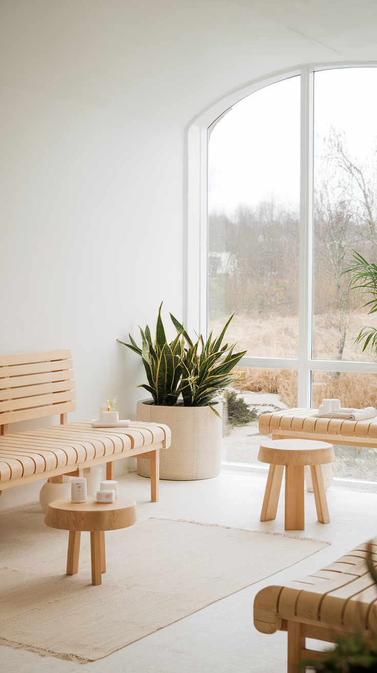 Bright Scandinavian spa interior with wooden benches and plants