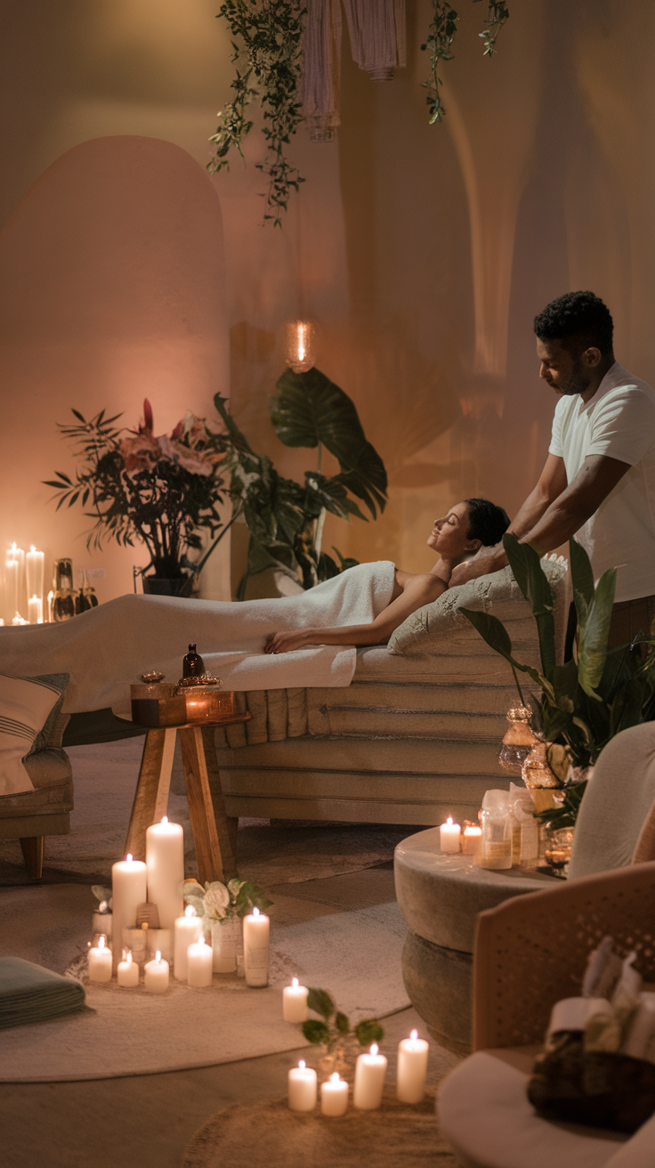 A serene spa setting with candles and plants, featuring a person receiving a massage.