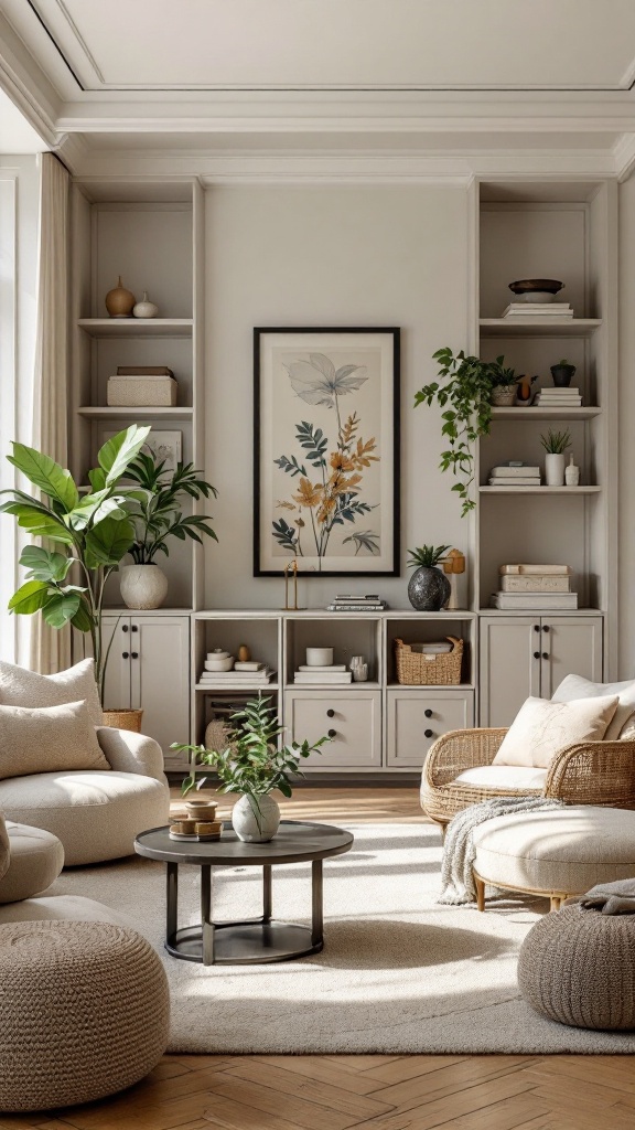 A beautifully designed living room with plants, stylish furniture, and organized shelves.