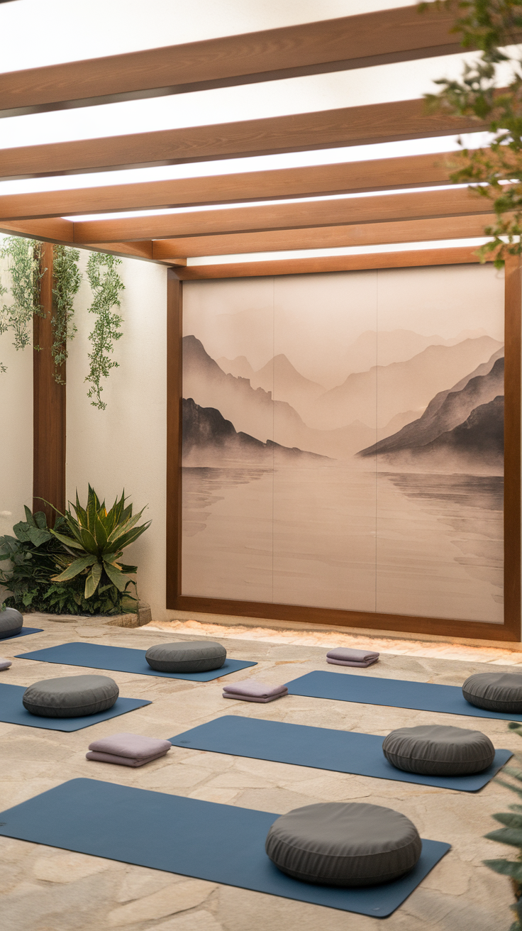 A serene meditative yoga spa space with mats and cushions arranged neatly.