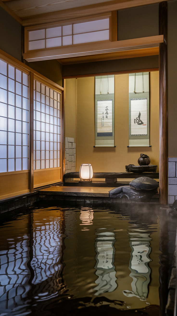 Interior view of a serene Japanese onsen with wooden elements and a peaceful water feature