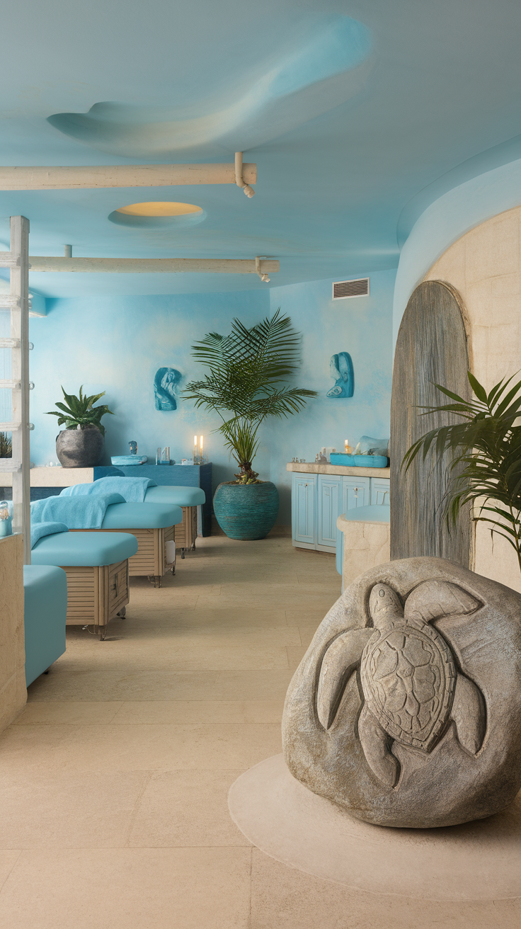 A serene spa room featuring a two-person jacuzzi tub, light blue walls, wooden shelves with decor, and a cozy pillow.