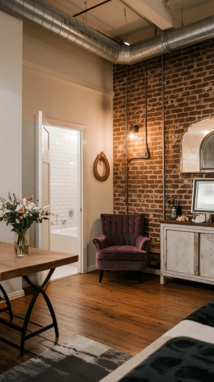 Interior of a chic urban spa loft featuring a cozy chair, wooden table, and exposed brick walls.