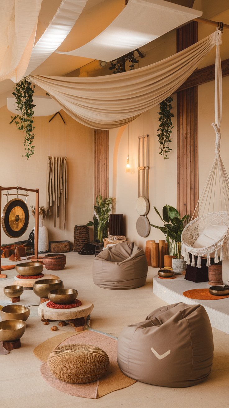 A serene spa interior with soft seating, plants, and calming decor.