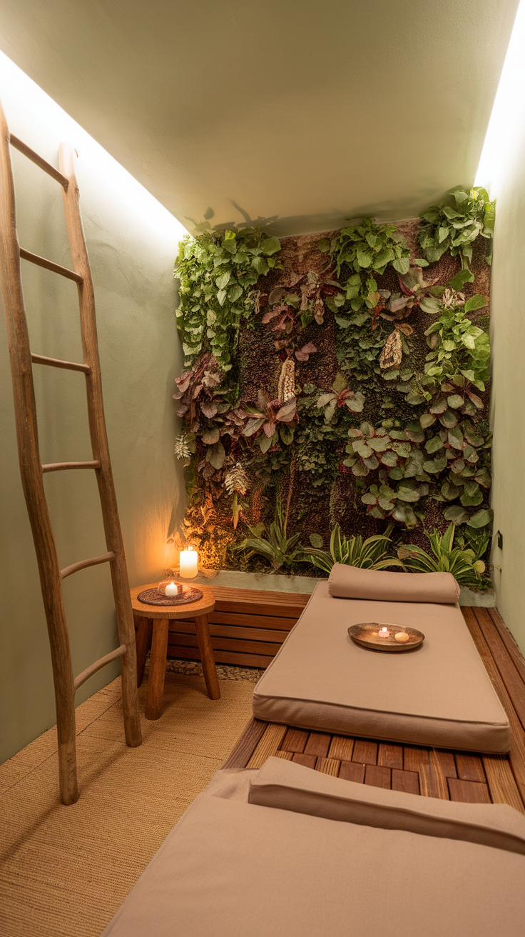 A serene spa room with a green wall, soft lighting, and wooden accents.