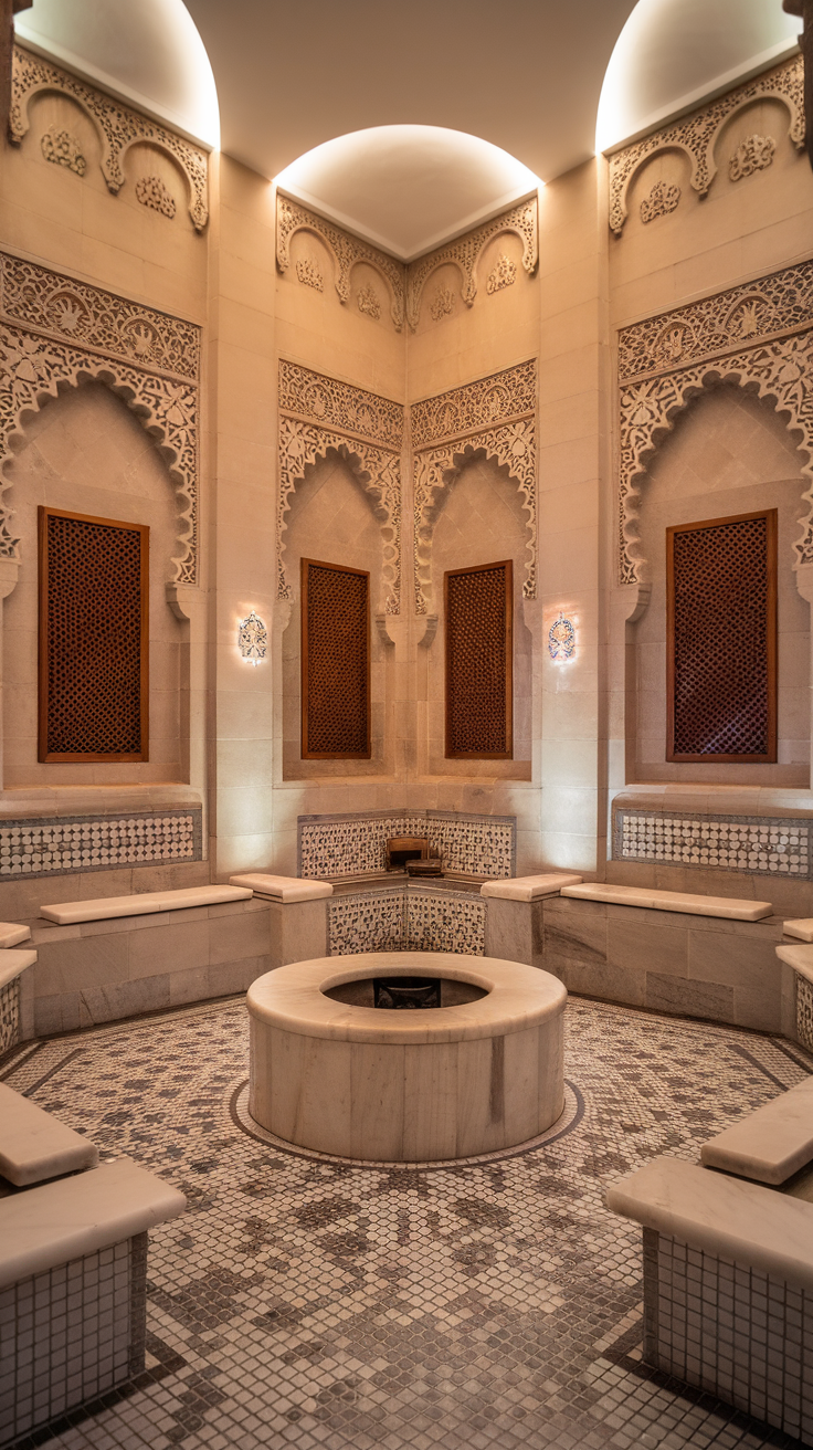 Interior of a luxurious hammam with intricate designs and a calming atmosphere.