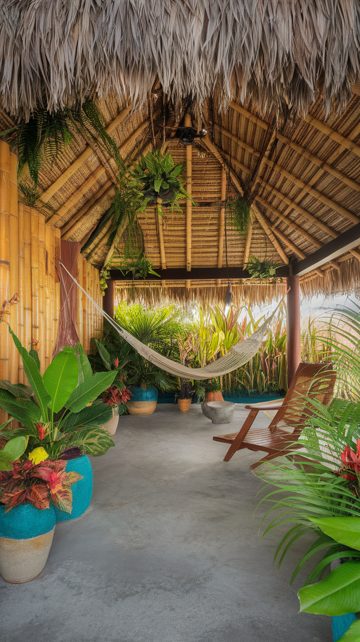 Tropical spa room with a hammock, plants, and natural decor