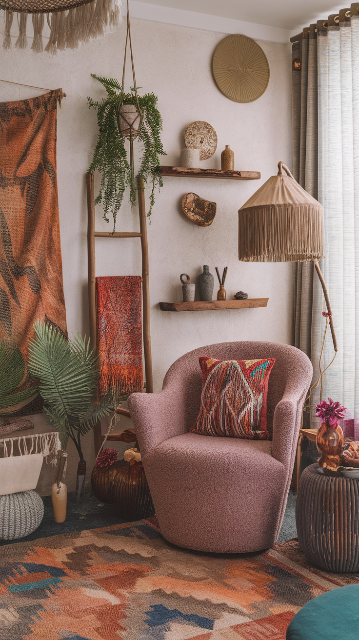 A cozy bohemian-style interior featuring a plush chair, colorful textiles, and natural decor elements.